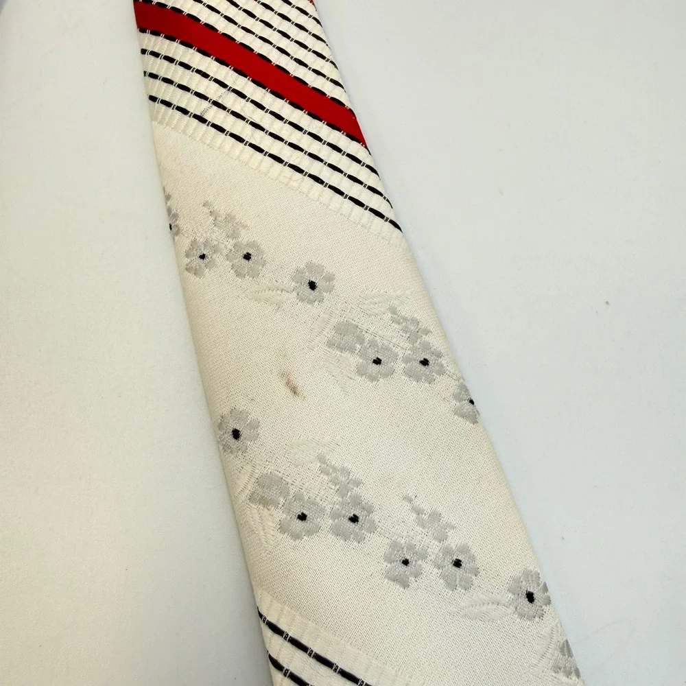 Vintage White Red Black Striped Floral Embroidered‎ Wide Men's Necktie Retro MCM